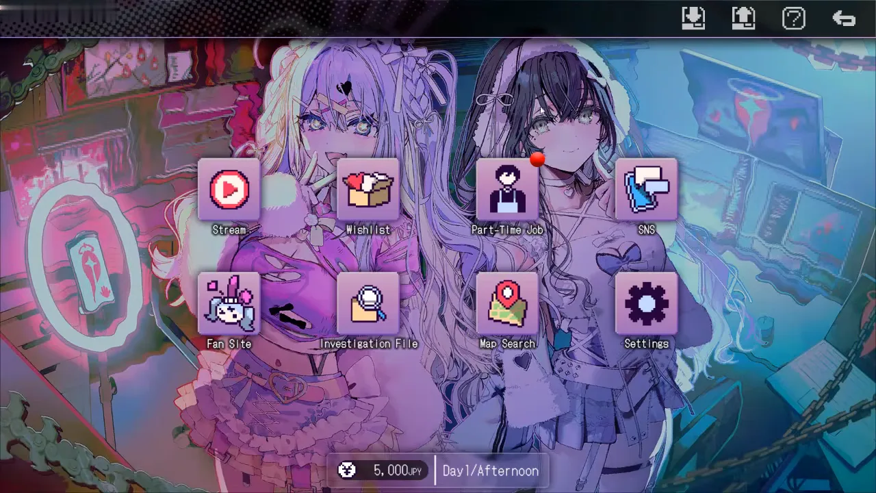 Red Chat Ritual Day 1 afternoon home grid showing Stream, Wishlist, Part-Time Job, SNS, Fan Site, Investigation File, Map Search, and Settings icons