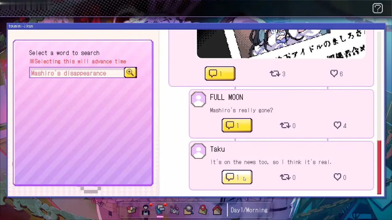 Red Chat Ritual Day 1 morning SNS search panel with Select a word to search and a note that selecting a search advances time