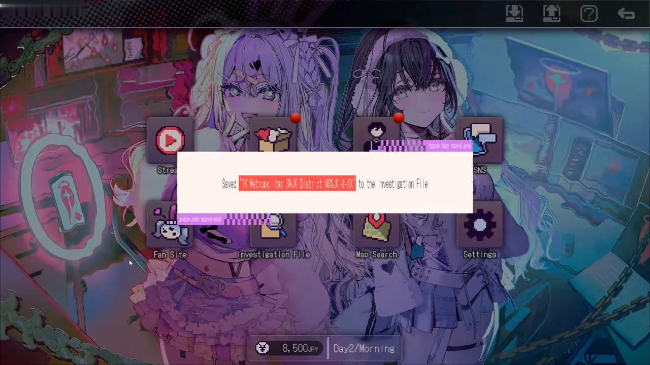 Red Chat Ritual Ver.1.0.0 home screen on Day 2 morning with 8,500 JPY on the money bar and Day2/Morning in the day band