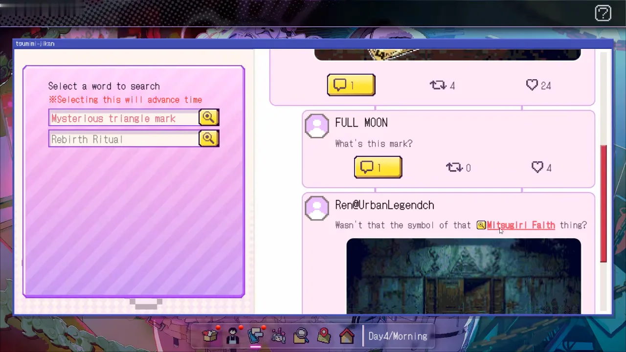 Red Chat Ritual SNS search on Day 4 morning listing Mysterious triangle mark and Rebirth Ritual as selectable keywords