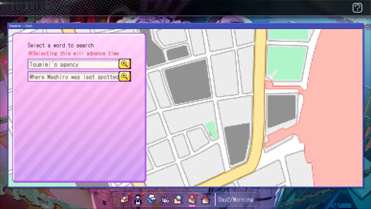 Red Chat Ritual map search on Day 2 morning with two keywords in the left panel beside a city map and the advance time warning text