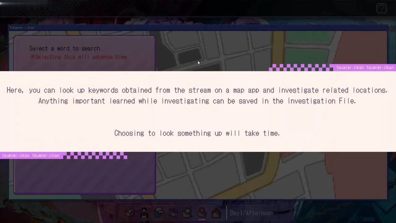 Red Chat Ritual map search tutorial overlay explaining stream keywords on the map app and that lookups consume in-game time on Day 1 afternoon